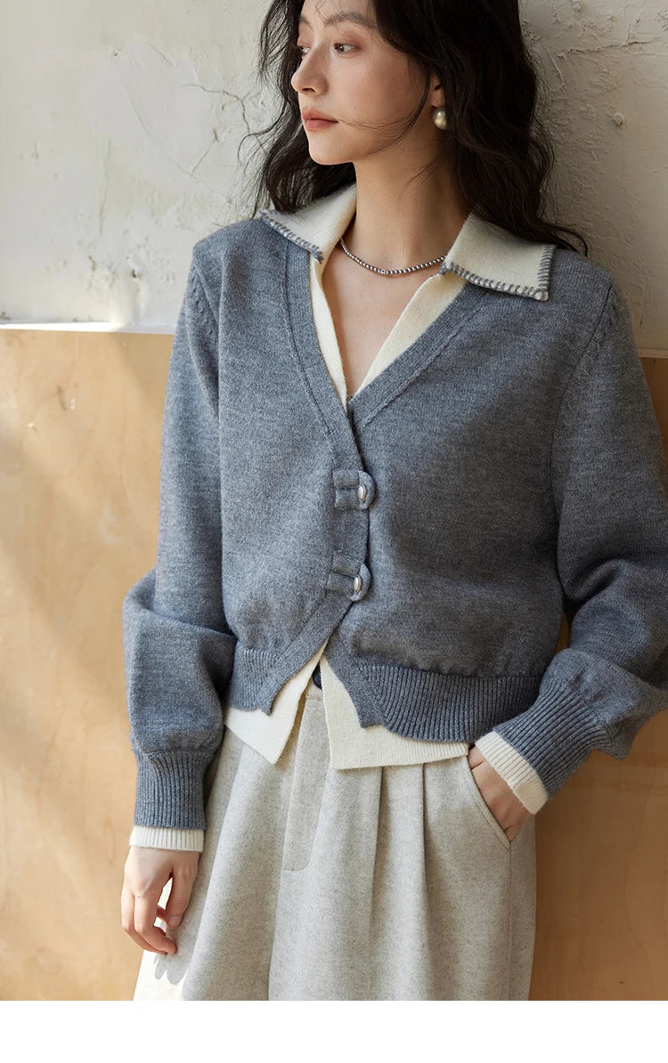 MISHOW Fake Two-piece Sweater Women Fashion Splicing Lapel Knitwear 2024 fall winter New Design Retro V-neck Cardigan MXD41Z0712