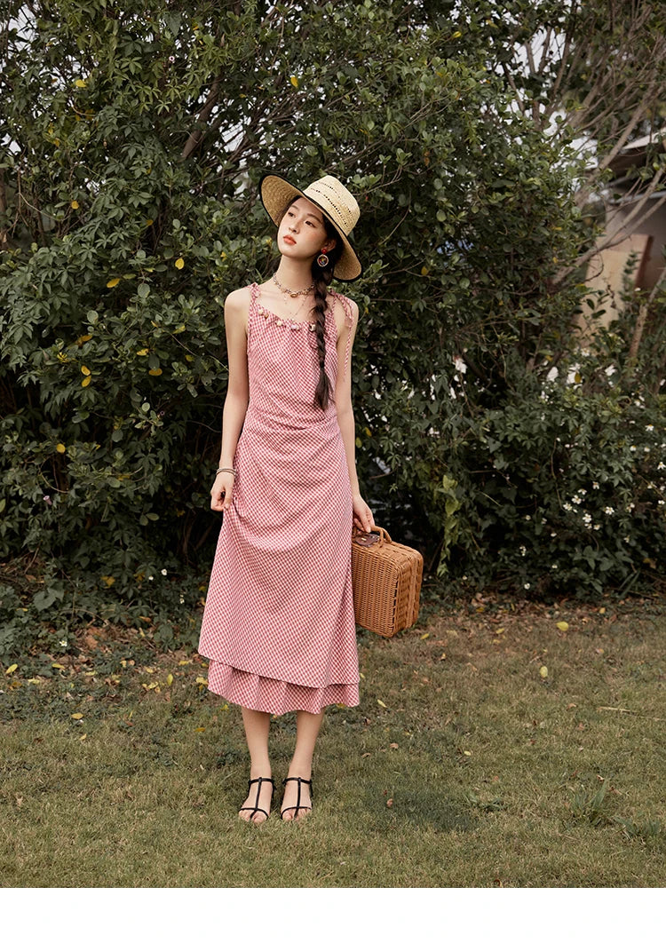 MISHOW Red Plaid Summer Camisole Dress Women New 2025 Sleeveless Elastic Waist Retro Dresses Woman Sweat Fashion MXE32L2198