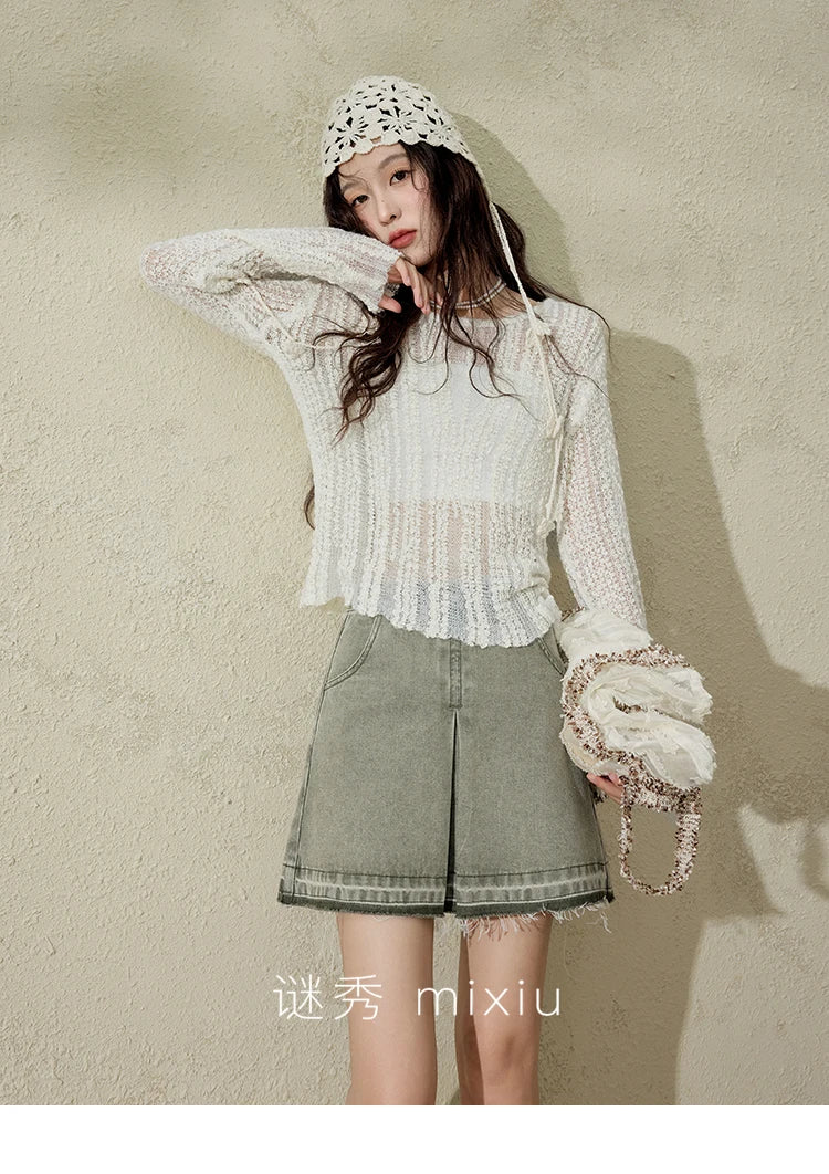 MISHOW Women 's Apricot White Hollow Knitted Sweater Spring 2025 Mohair Cover Drop Sleeve Top Strapless Slim Tube Top MXE12Z1120