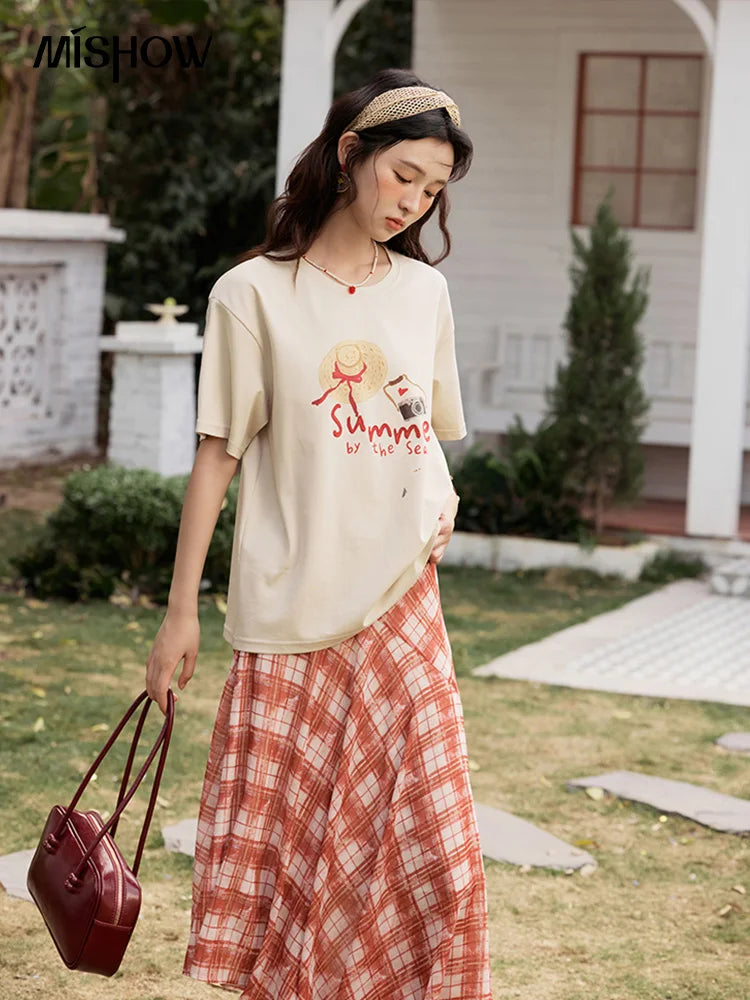 MISHOW Women's Print T-shirt 2025 Summer New Loose Casual T-shirt Ladies Round Neck Short Sleeve Tee Female Clothing MXE34T0559