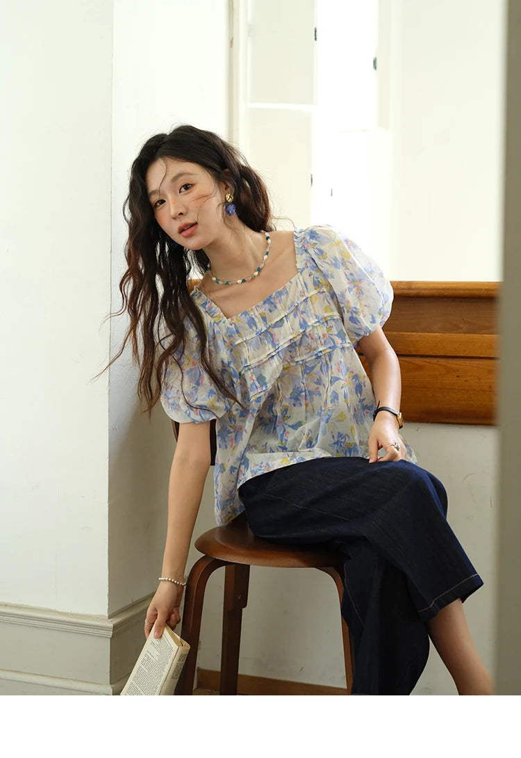 MISHOW Fashion Square Neck Puff Sleeve Blouse for Women 2025 Summer New French Sweet Loose Print Top Ladies Clothing MXE39X1937