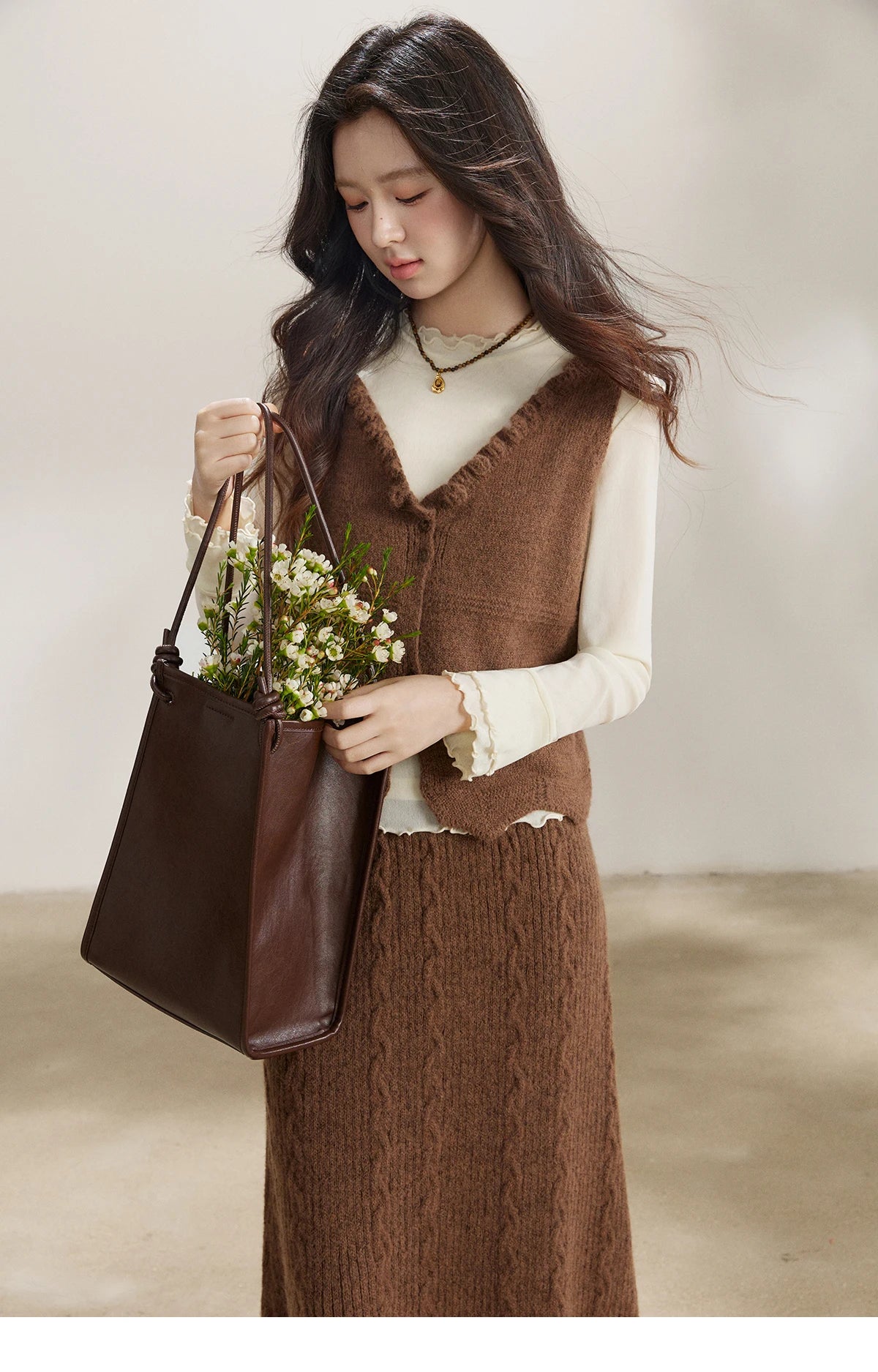 MISHOW Women's Brown Two-Piece Set 2026 Spring Knitted Vest V-Neck Cable Knit Maxi Skirt Casual Retro Warm Outfit MXF11T1460