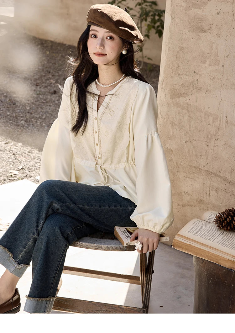 MISHOW Women's French V-neck Blouse Lace Lantern Sleeve Long-sleeved Blouses 2024 Fall Tie Drawstring Waist Slim Tops MXD45X1660