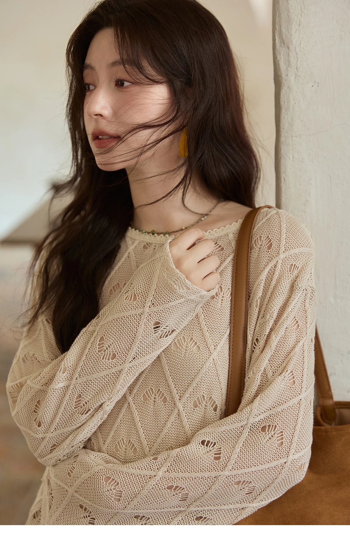 MISHOW Women's Diamond Patterned Knitted Top 2025 Autumn Bohemian Hollowed Out Thin Top Scoop Neck Knitted Sweaters MXE42Z1332