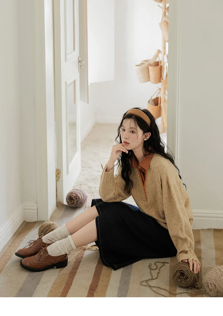 MISHOW Vintage Sweater False Two-piece Sweet Fashion V-neck Knitwear 2024 Fall New Vintage Versatile Sweater Tops MXD42Z0695