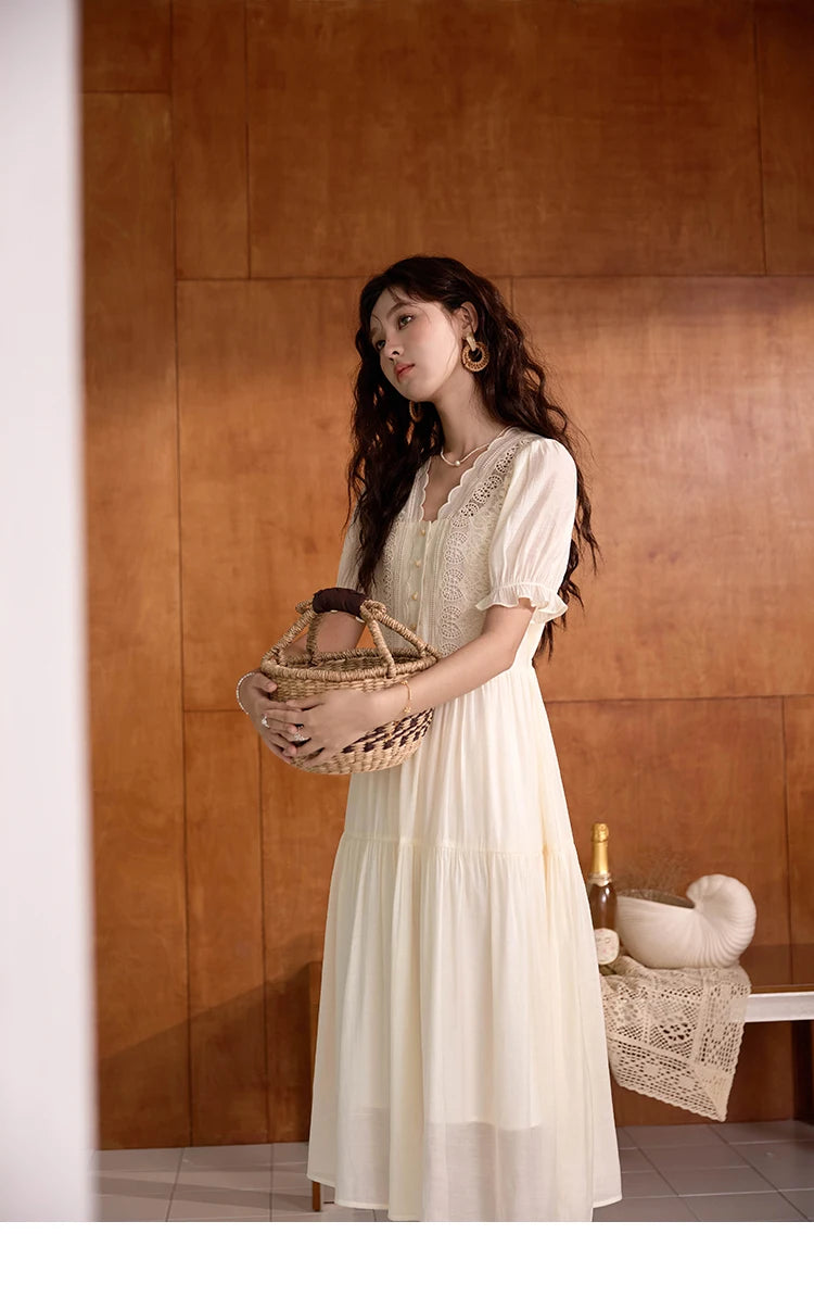 MISHOW Women's French Hollowed Out Embroidery Dress 2024 Summer Elegant Slim Fairycore Dress Waist Mid Length Dresses MXD31L1981