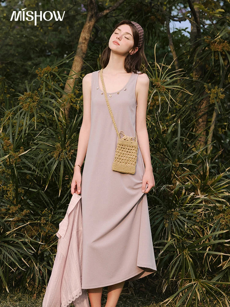 MISHOW Holiday Summer Vest Dresses Women 2025 New Solid Sleeveless Round Neck Slimming Long Dress Female Fashion MXE33L2205