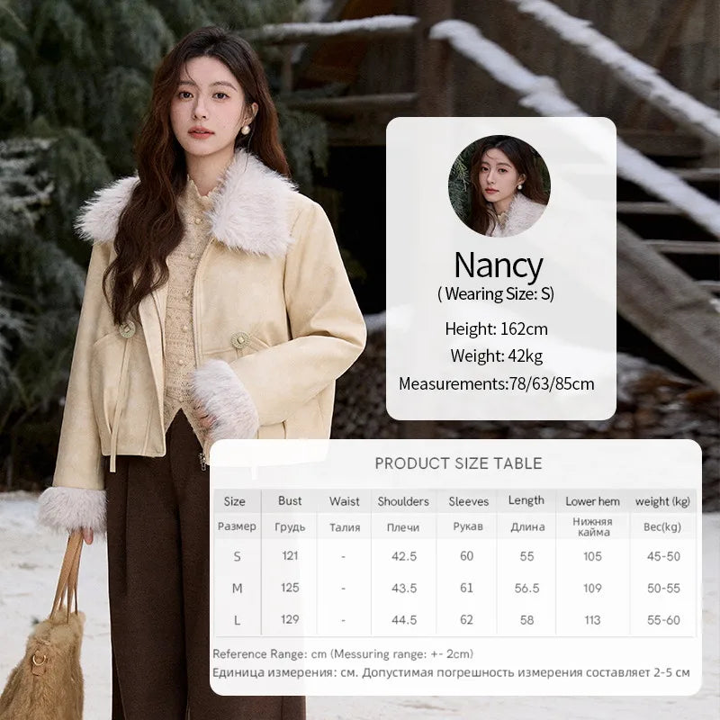 MISHOW Apricot Suede Jacket with Plush Collar Lapel for Women 2025 Winter Warm Overcoat Ladies Retro Thickening Coats MXE91W0987