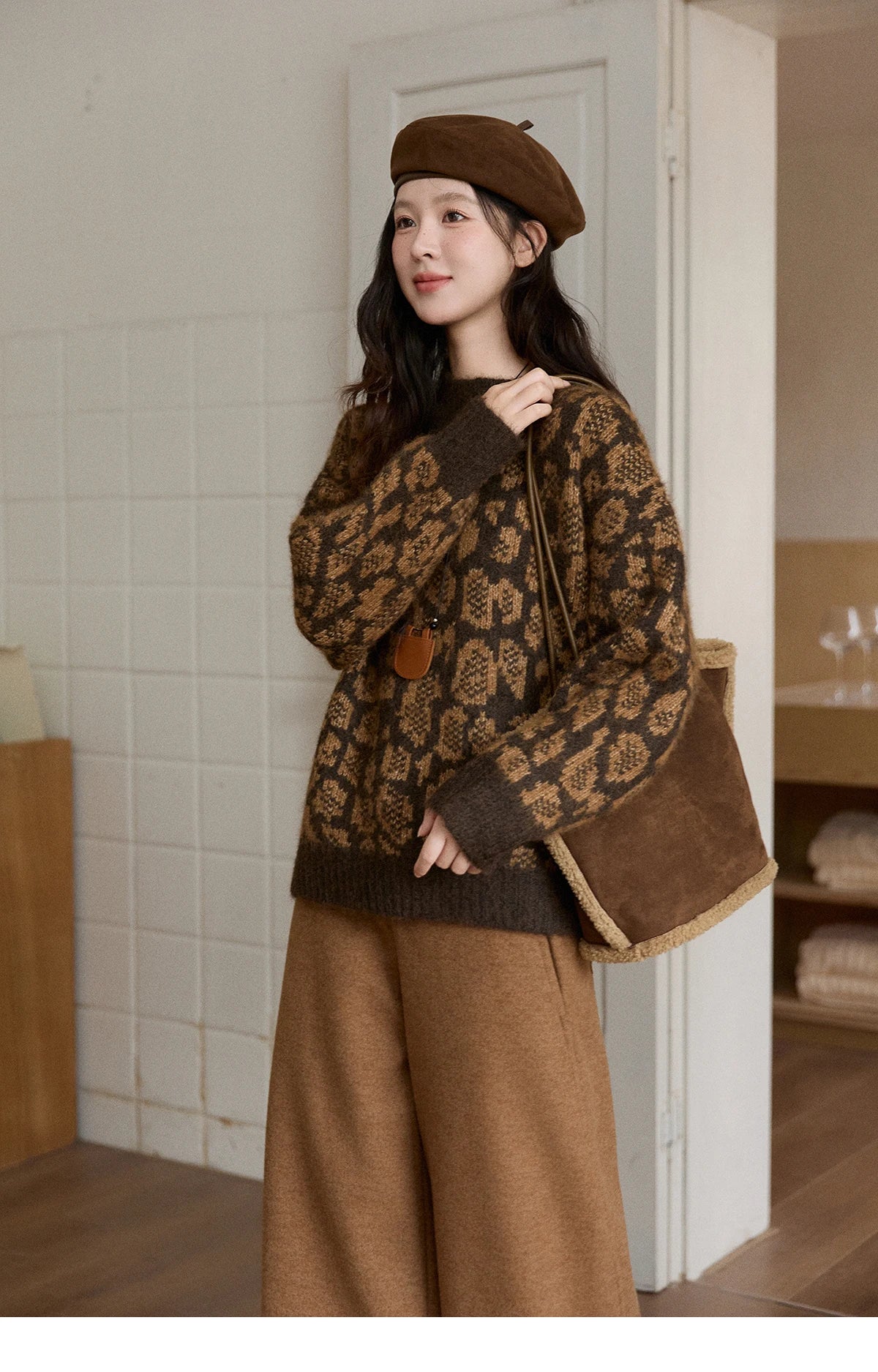 MISHOW Women's Color Block Geometric Leopard Jacquard Sweater Winter French Half Turtleneck Dropped Sleeve Knitwear MXE91Z2839