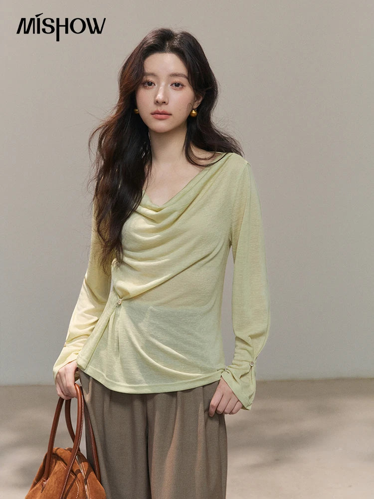 MISHOW Women's Multi Colored Knitted Top 2026 Spring Swinging Collar Flare Sleeve Top Side Twist Whist Casual T-Shirt MXF13T1473