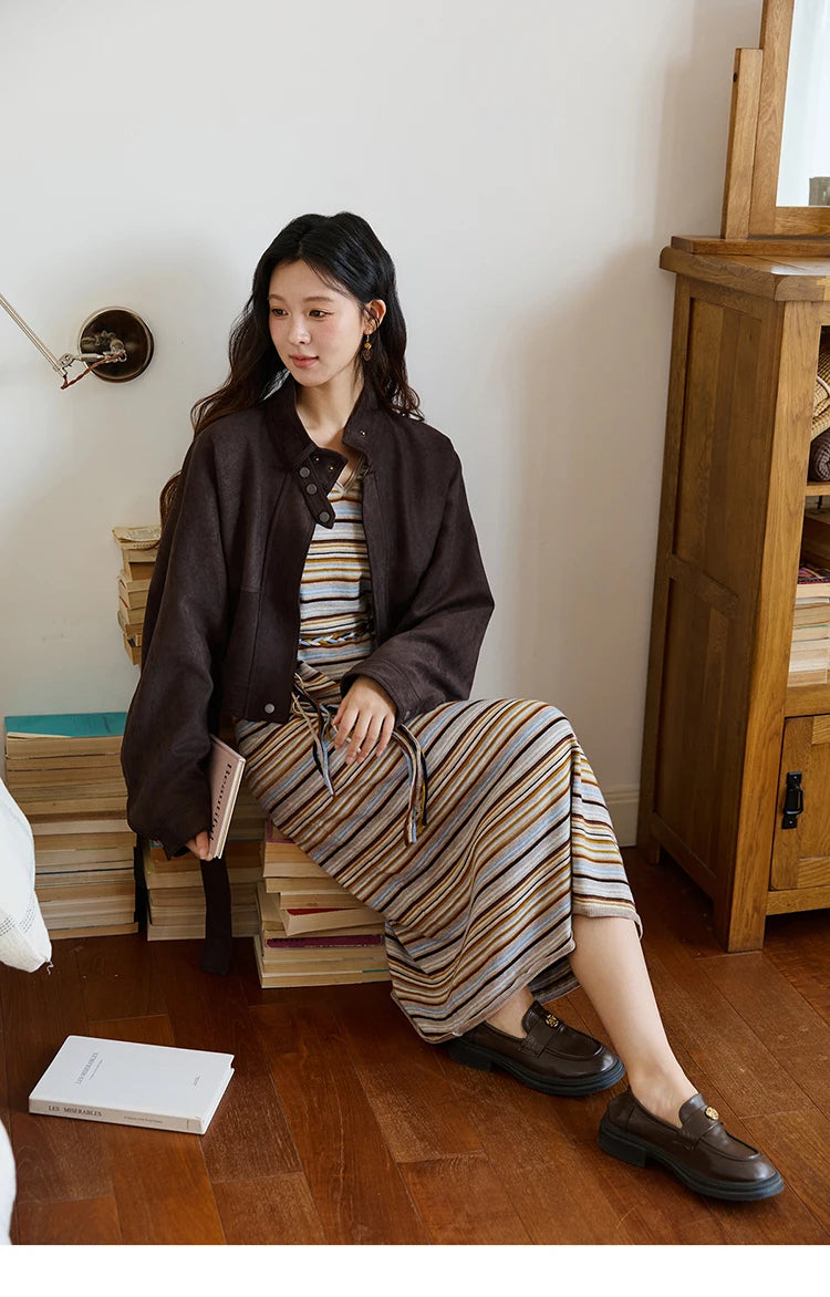 MISHOW Women's Striped V-neck Dress Autumn 2025 Loose Sleeveless Core Spun Yarn Dresses Tied Waist Casual Long Dress MXE46L2521