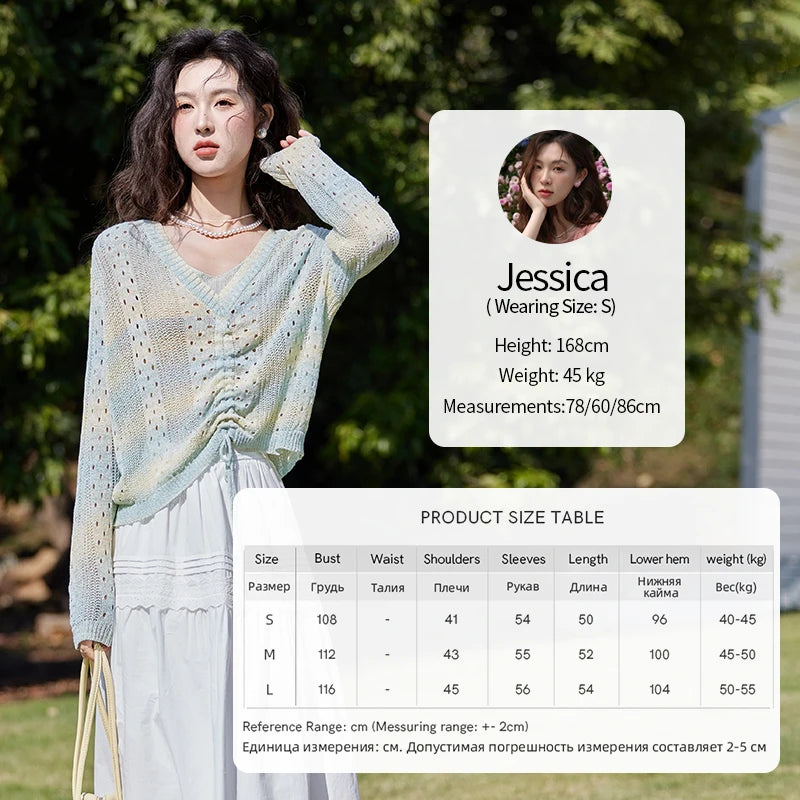 MISHOW Gradient Blue Green Knitted Sweater Women 2025 Autumn Long Sleeve V-neck Drawstring Tops New Fashion Sweaters MXE16Z1171