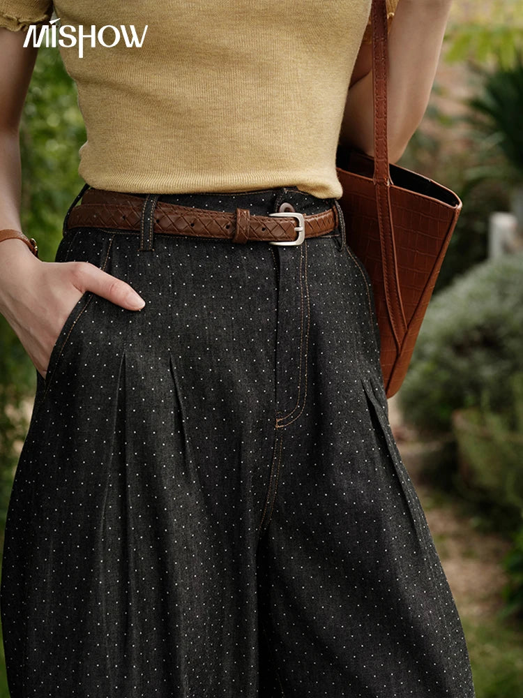 MISHOW Women's Fashion Polka Dot Pants Summer 2025 New High Waist Straight Pants Casual Button Zipper Wide Leg Jeans MXE38K0956