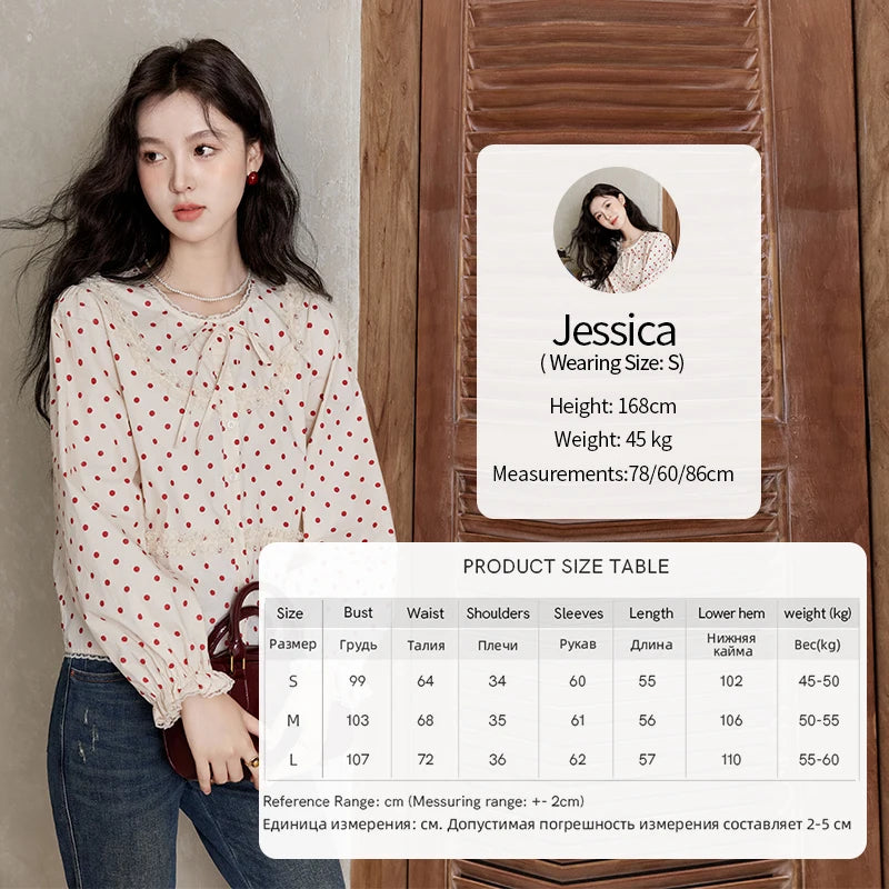 MISHOW Lace Up Polka Dot Round Neck Lace Shirt for Women Autumn 2024 Thin Sweets Shirt Elastic Petal Cuffs Chic Top MXD44X1667