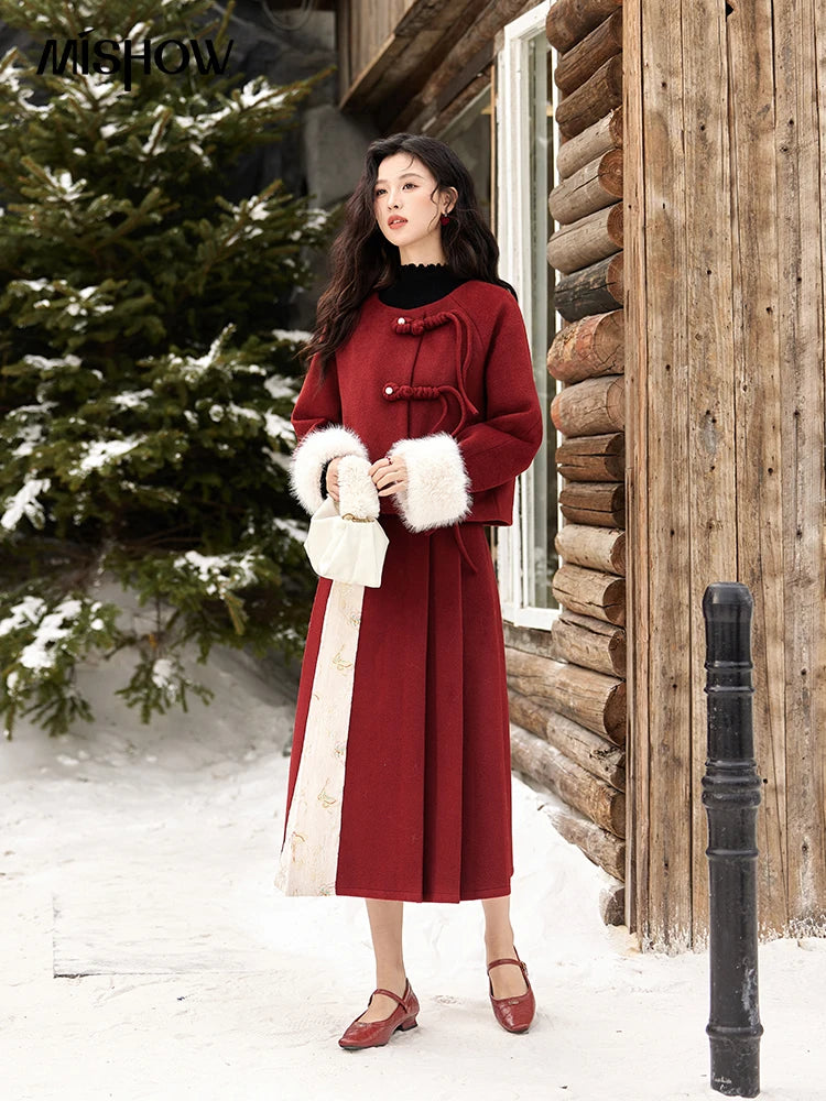 MISHOW Tweed Jacket Midi Skirts Separately Removable Fur Collar Frog Short Coat Cotton Clip A-LINE Pleated Skirt MXD59W0609