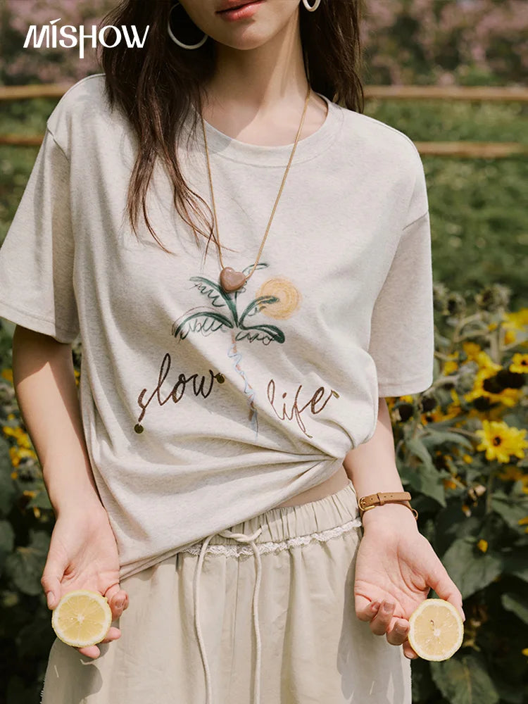 MISHOW Casual Summer Print Shirts Women 2025 Short Sleeve Round Neck Coconut Tree Straight T-shirts Woman Versatile MXE31T0520