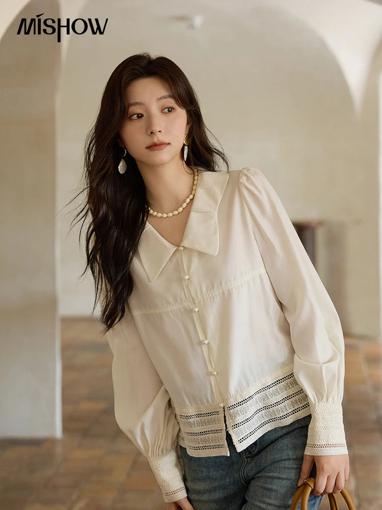 MISHOW Women's French Lace Patchwork Shirt 2025 Autumn Butterfly Collar Lantern Sleeves Apricot Elegant Commuting Top MXE41C2357