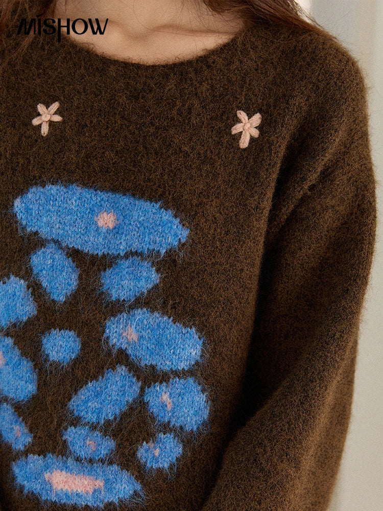 MISHOW Women's Lucky Bottle Jacquard Wool Warm Sweater 2025 Winter 3D Floral Color Block Retro Thickened Knitwear MXE91Z2840