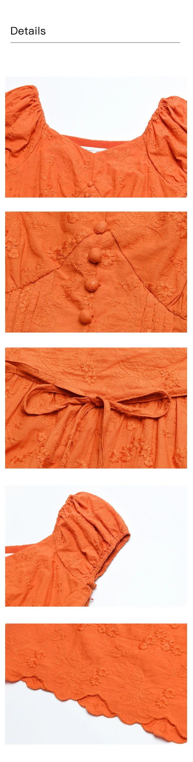 MISHOW 100 Cotton Orange Embroidered French Dress Women 2024 Summer V Neck Mid Length Dress Solid Loose A-line Dress MXD29L1931