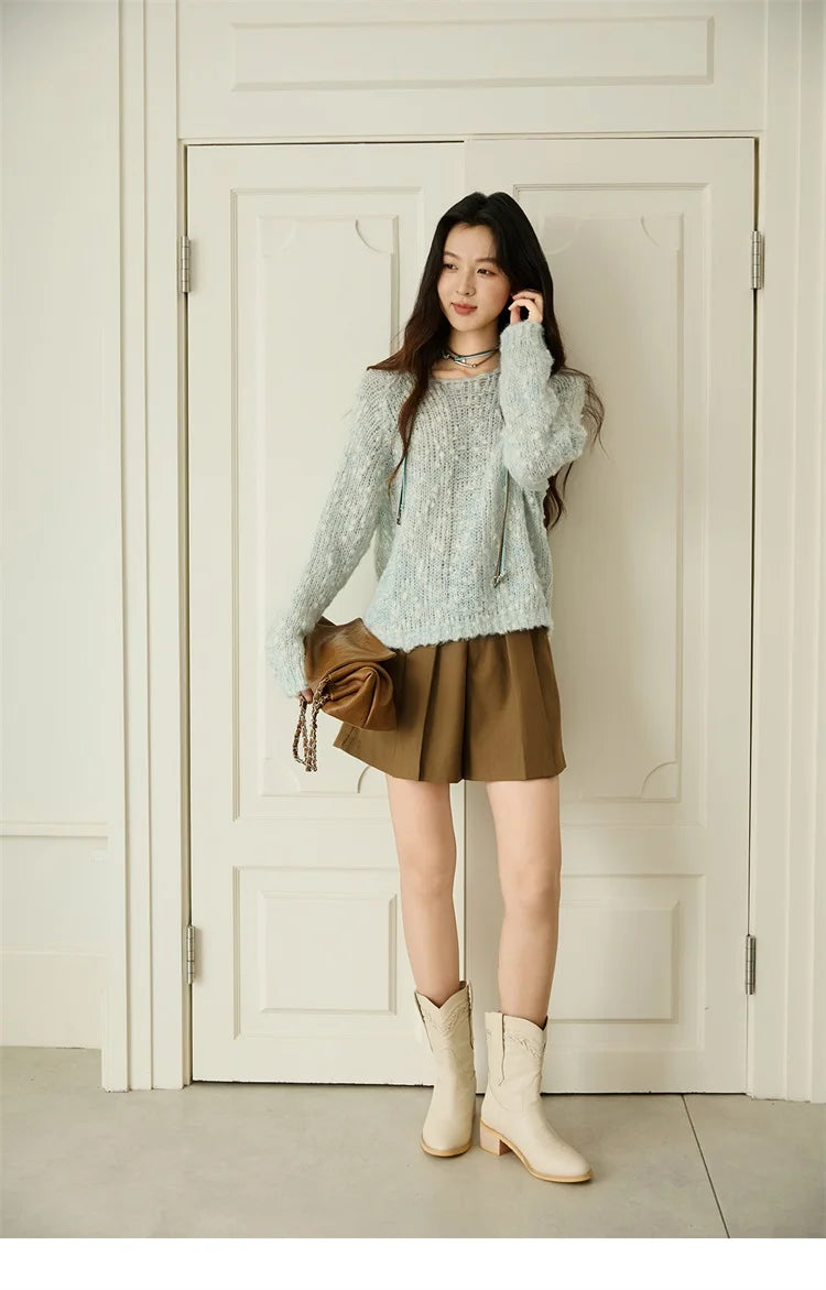 MISHOW Scoop Neck Loose Sweater 2025 Autumn Raglan Sleeve Casual Knitted Top Hollow-out Wool Blend Soft Warm Sweaters MXE46Z2565