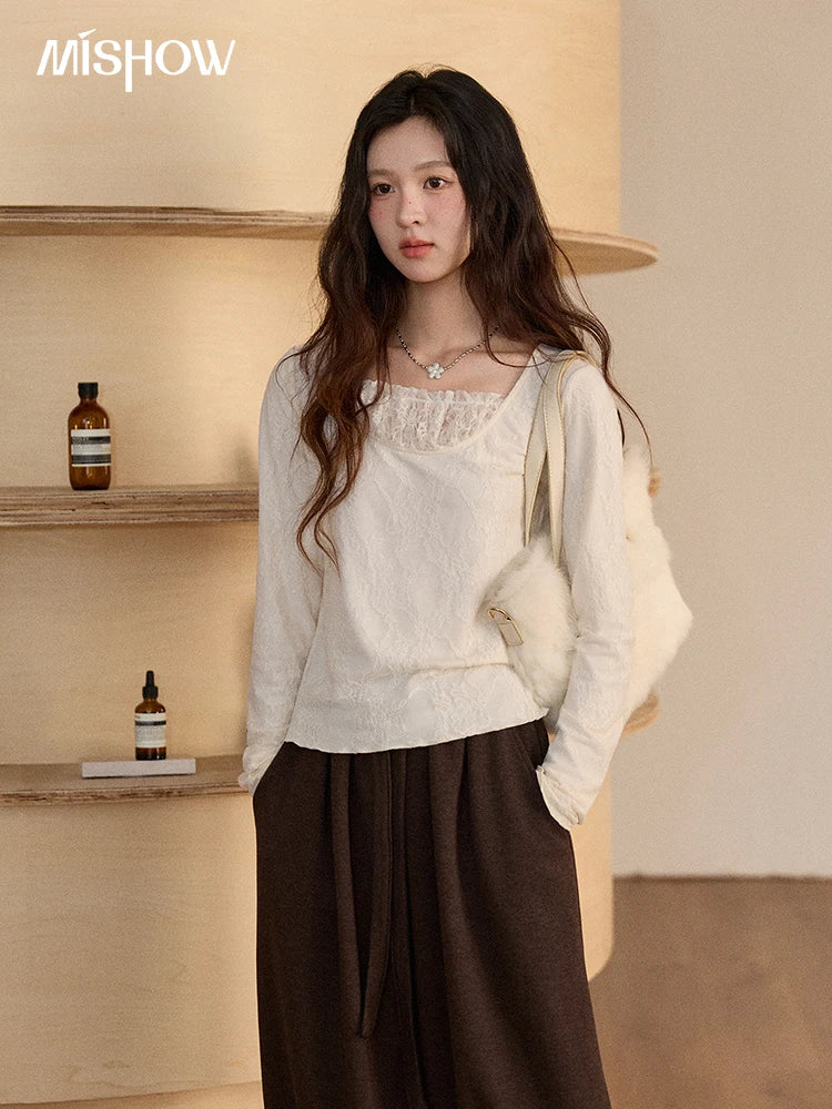 MISHOW Women Long Sleeve Tees 2025 Autumn Winter Elegant Beige Lace Patchwork Top Women Large U-neck Slim Fit Top MXE91X2514