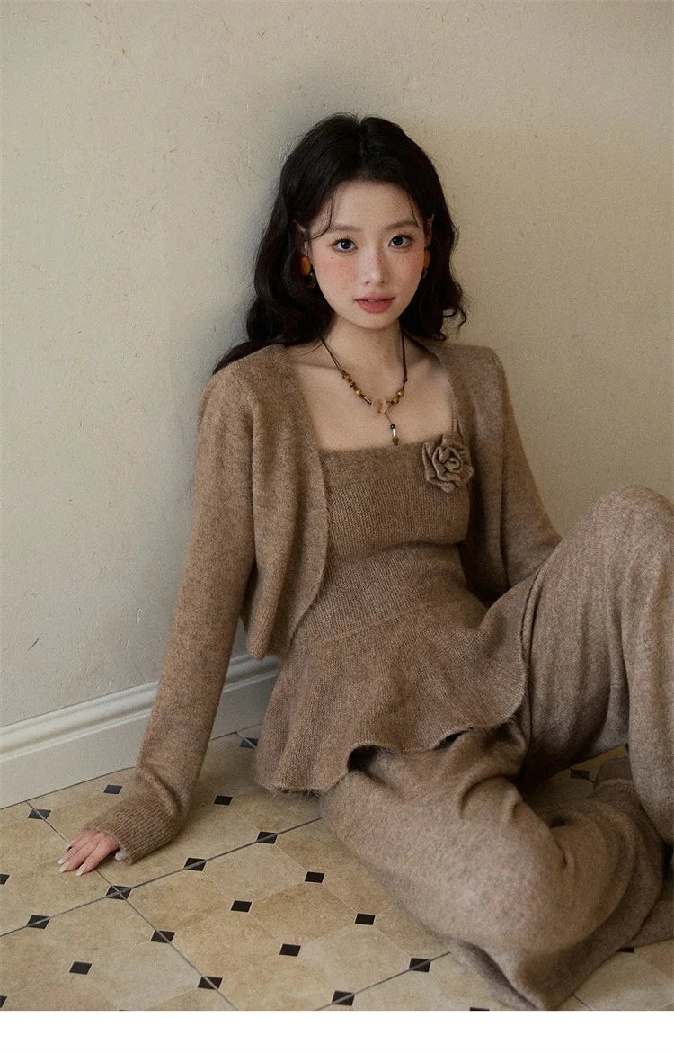 MISHOW Khaki Knitted Three-Piece Winter Set for Woman RetroThree-Dimensional Floral Camisole Cardigan Wide-Leg Pants MXE87T1449