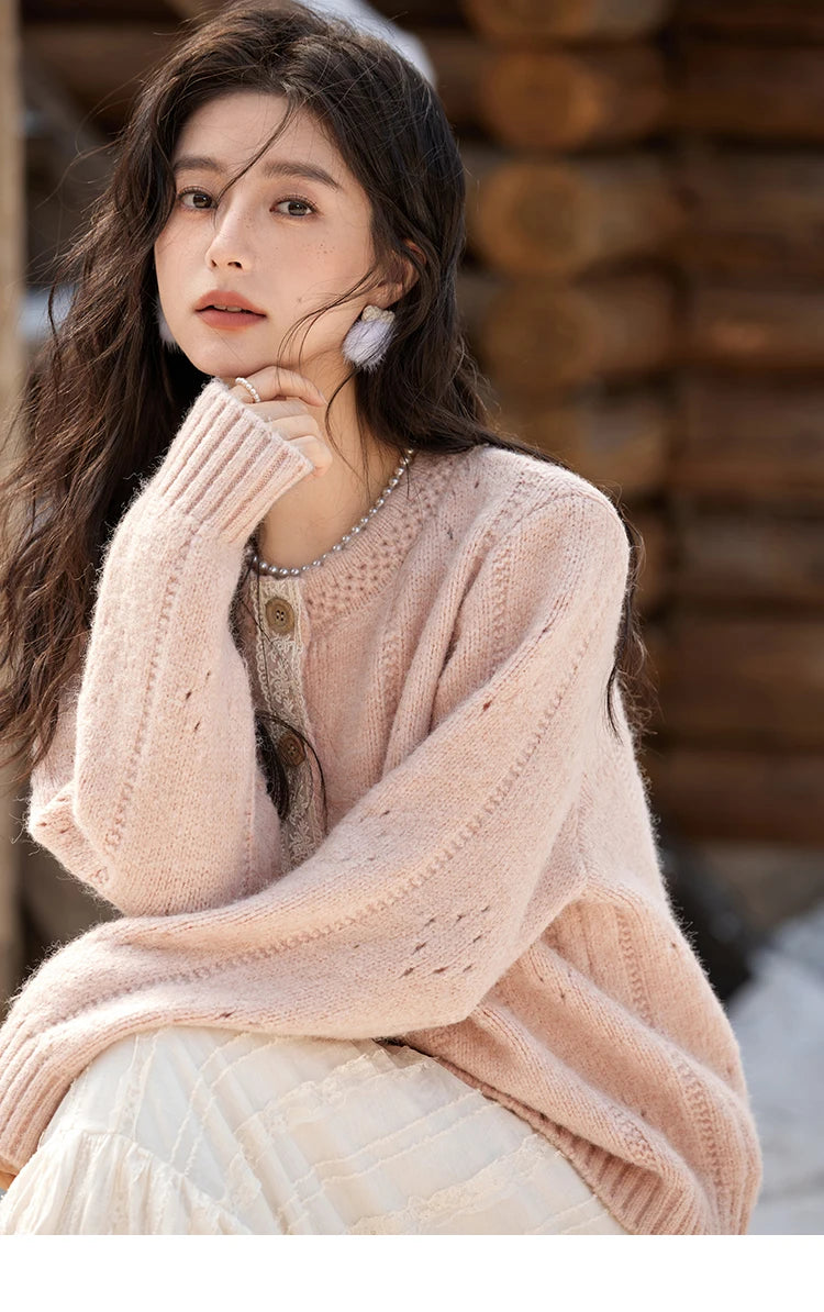 MISHOW Wool Blend Cardigan Pink Sweater 2024 Autumn Winter Women Clothes Sweet Top Knitted Sweater Outerwears MXD56Z1064