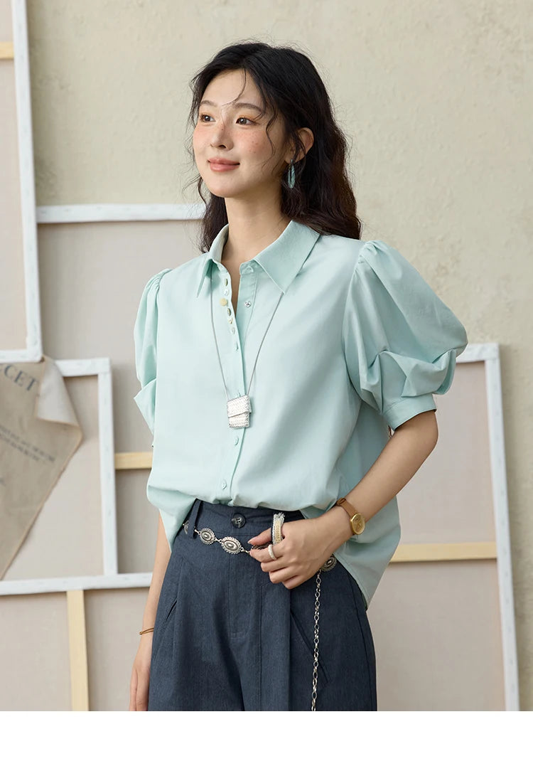 MISHOW Light Green Bubble Sleeve Shirt for Women Summer 2025 Lapel Collar Irregular Button Shirts Cotton Commuter Top MXE34C0788