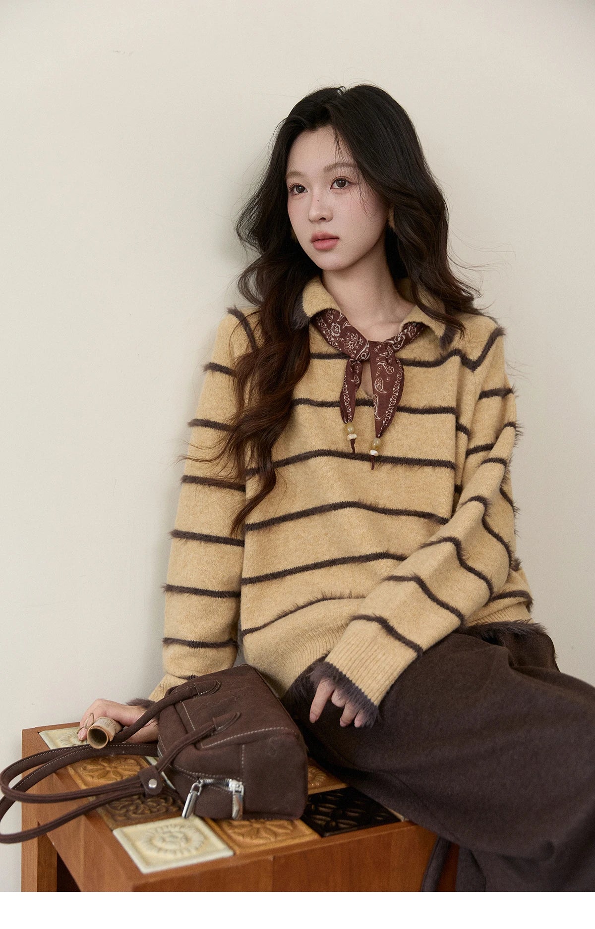 MISHOW Women's Faux Mink Fur Striped Sweater 2025 Winter Loose Lapel Tassel Hem Thickened Knitwwear Excluding Scarves MXE93Z2945