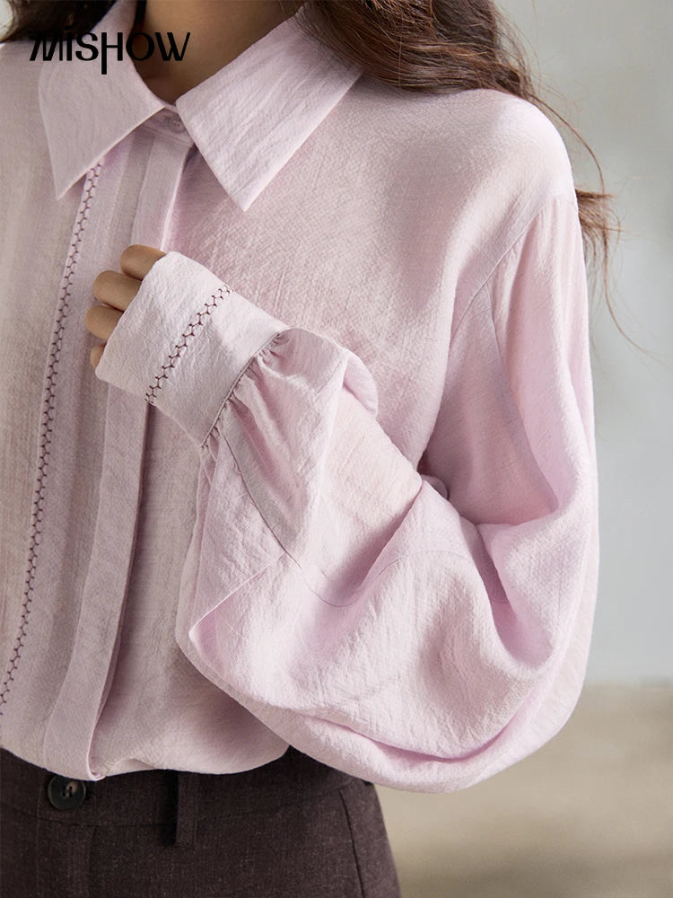 MISHOW Women's Lapel Lantern Sleeve Shirts 2026 Spring Lace Trim Casual Loose Breathable Solid Shirt Office Lady MXF13C2436