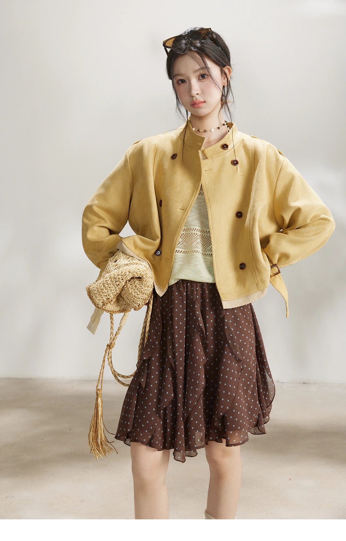 MISHOW Women's Yellow Double-Breasted Trench Stand Collar Coat Adjustable Cuffs Splicing Striped Hem Casual Outerwear MXF11W1026