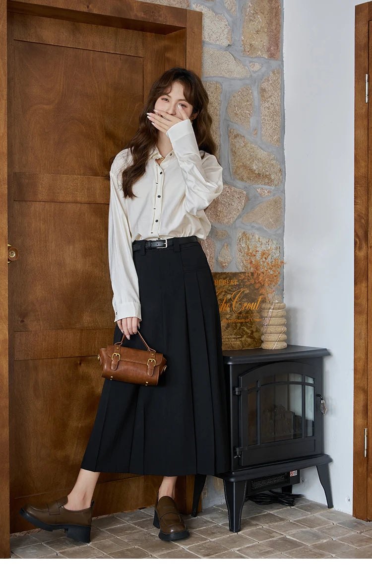 MISHOW Women's Midi Skirt 2023 Autumn Academy Pleated Commuter A-LINE Pockets Solid Split Back Hem Mid-Calf Skirts MXC42B0118