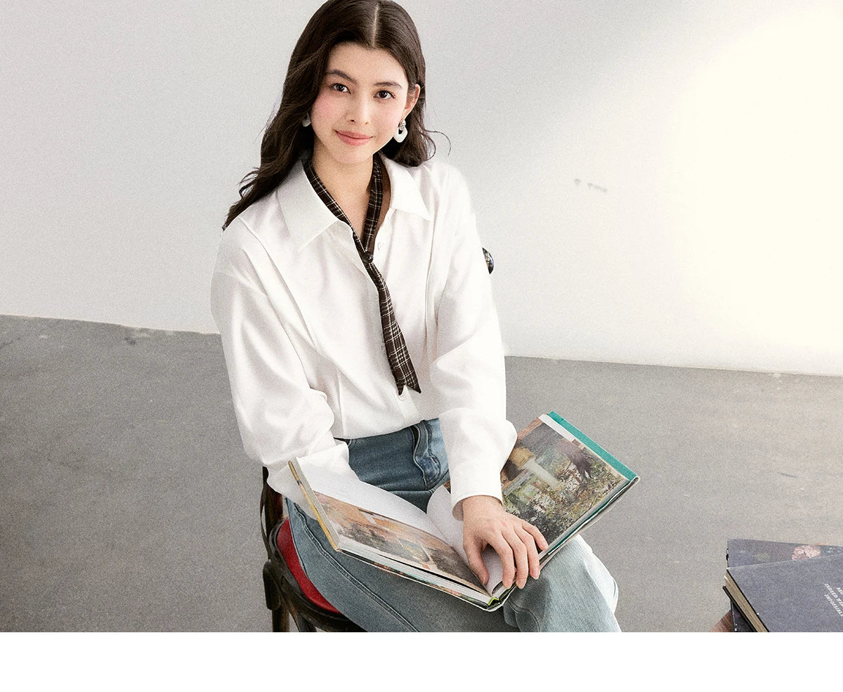 MISHOW Women's Casual Loose Shirt with Plaid Scarf 2026 Spring Lapel Tops Versatile Long Sleeve Shirts Office Lady MXF108C0815