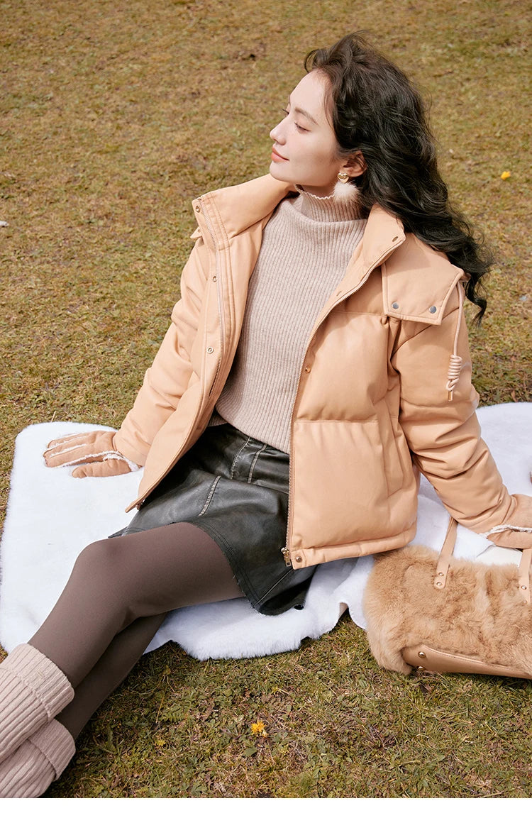 MISHOW Women's Winter Down Jacket 2023 Hooded Short White Duck Down Coats Imitation Protein Leather Puffer Jackets MXC52Y0008