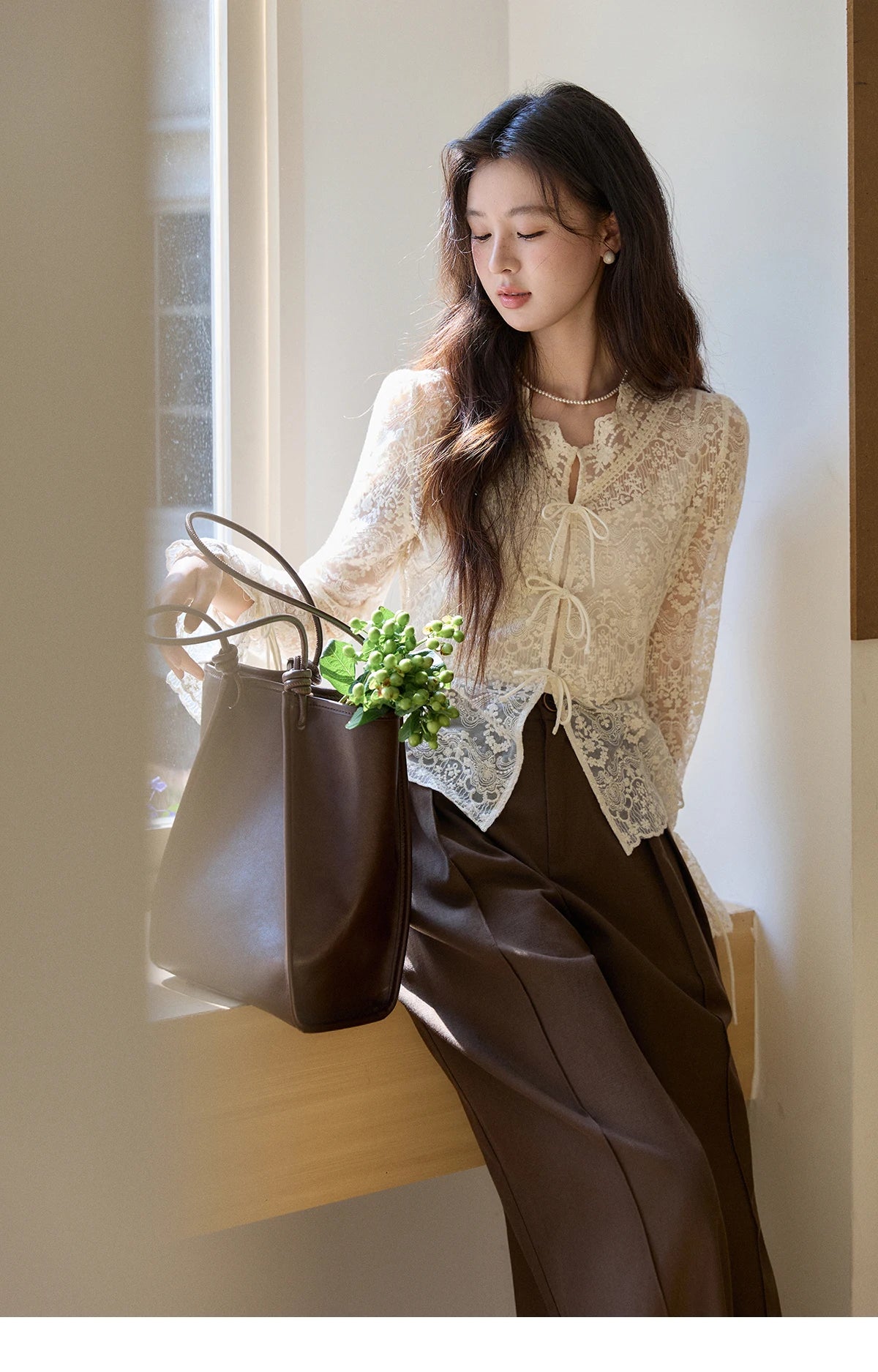 MISHOW Women's Sweet Lace Top Camisole Set Spring Tie Front Flare Sleeve Sheer Casual Elegant Two-Piece Knitwear MXF108X1001