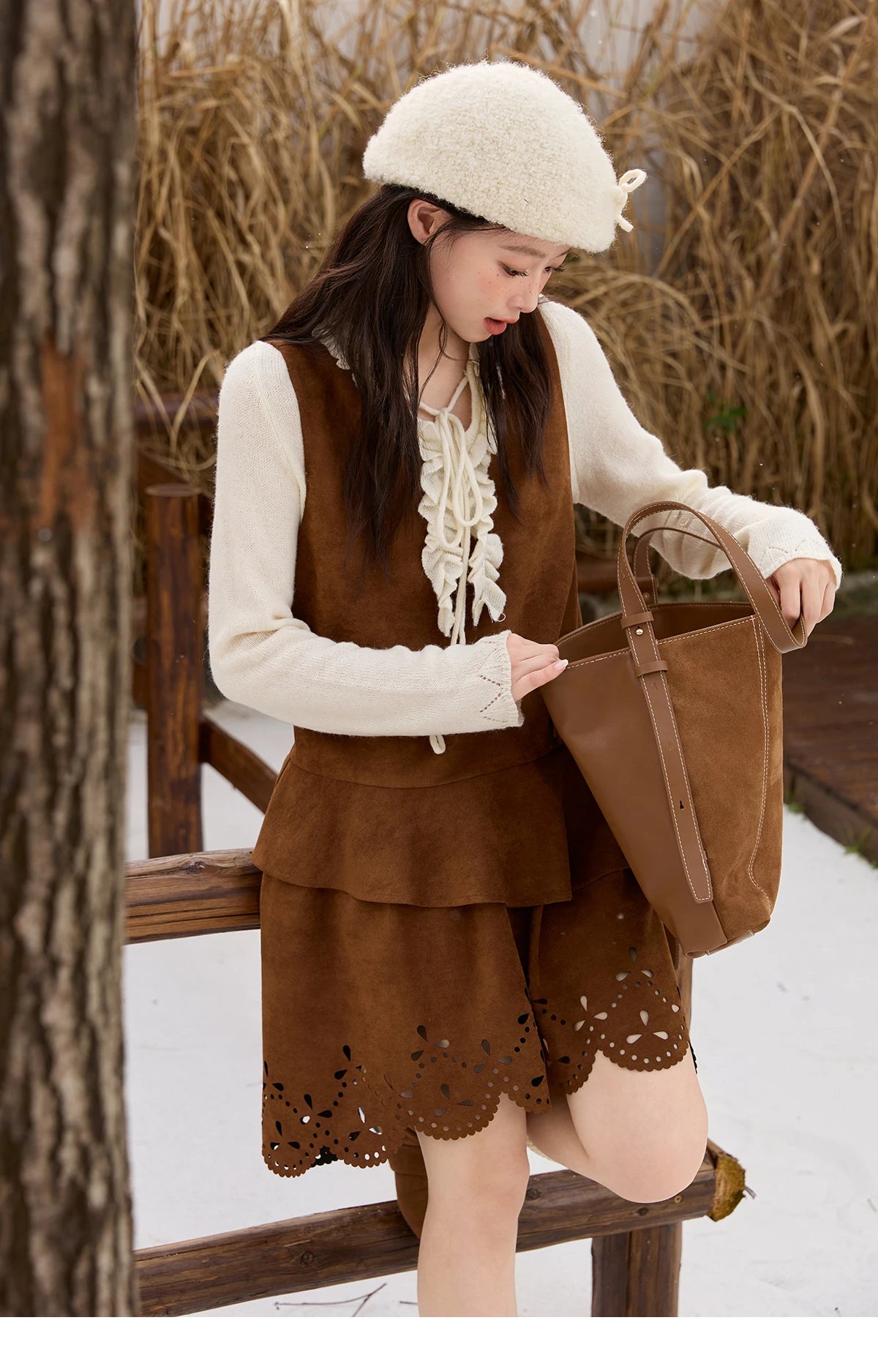 MISHOW Women's Elegant Brown Retro Suede Vest Dress 2025 Autumn Winter Hollow Out V-Neck Tank Dress Sleeveless Dress  MXE51L2524