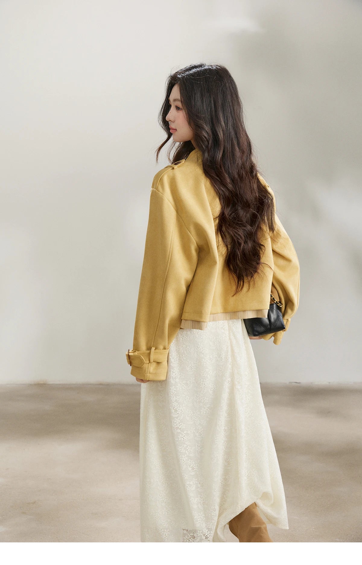 MISHOW Women's Yellow Double-Breasted Trench Stand Collar Coat Adjustable Cuffs Splicing Striped Hem Casual Outerwear MXF11W1026