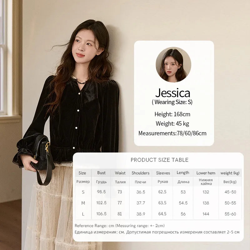 MISHOW Women's Black Velvet Shirts 2025 Winter Retro Splicing Lace Tops Ruffle Hem Pearl Button Puff Sleeve Shirt MXE94X2516