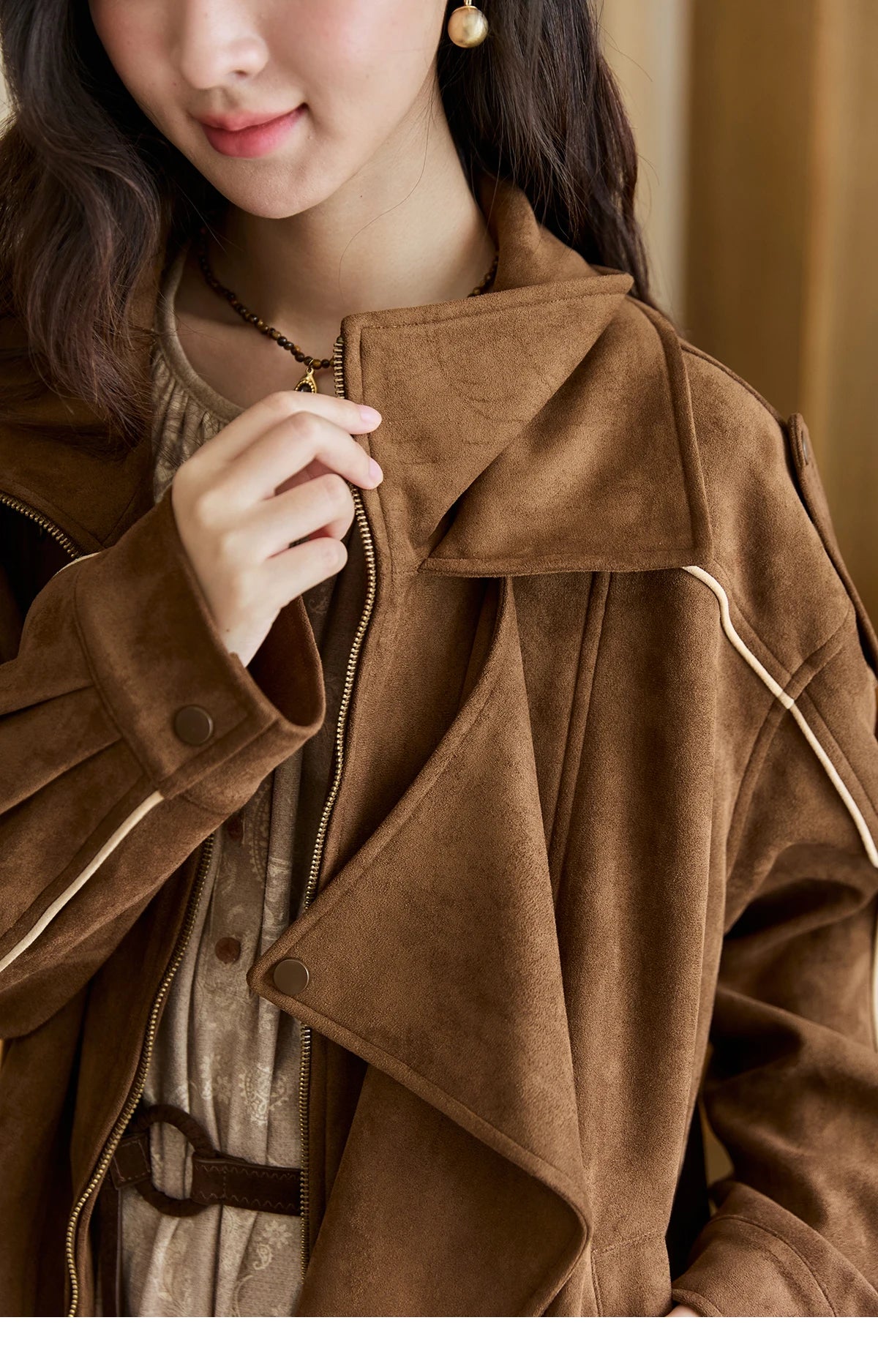 MISHOW Woman Retro Jacket 2025 New Split Turn Down Collar Brown Suede Short Loose Coat Commute Autumn Women Clothing MXE48W0850