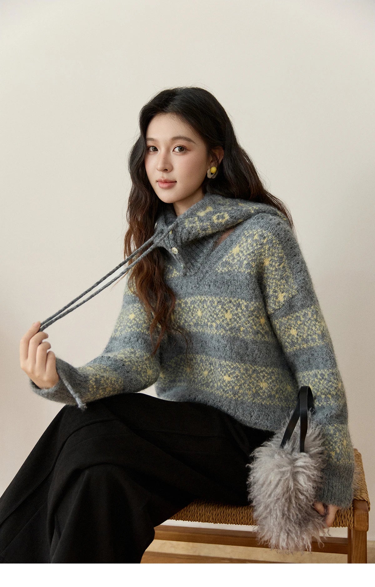 MISHOW Women's Fair Isle Knitted Sweater 2025 Winter V-neck Wool Blend Casual Tops Removable Hood Warm Loose Sweaters MXE94Z2979