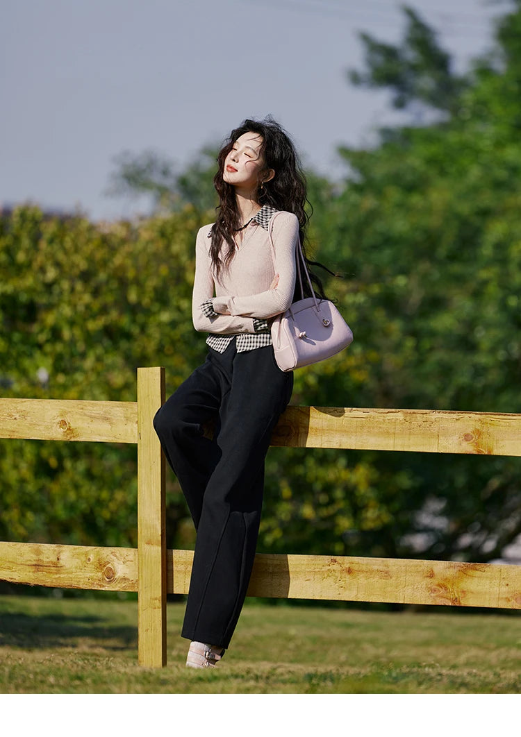 MISHOW Plaid Splicing Fake Two-piece Tops for Women Spring 2025 Contrasting Colors Slim Thin Top V-neck Casual Tees MXE13Z1108