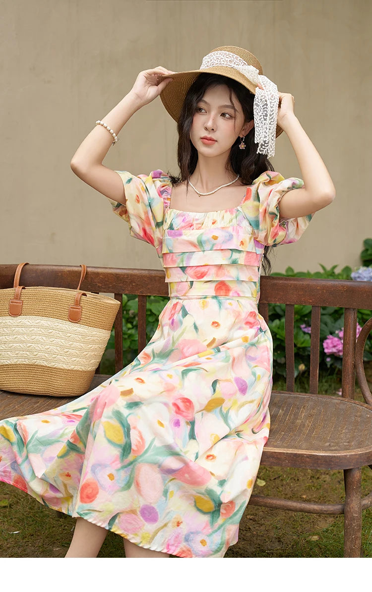 MISHOW French Tulip Fragmented Flower Dresses for Women 2024 Summer Beach Vacation Puff Sleeve Sweet Elegant Dresses MXD28L1896