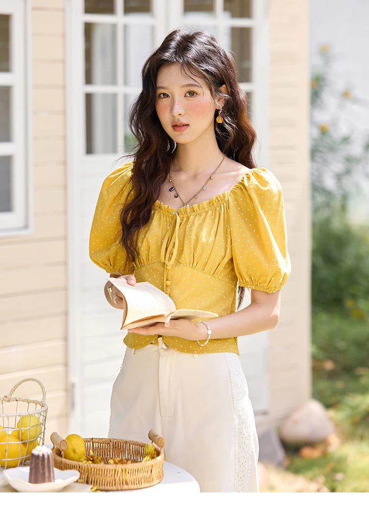 MISHOW Yellow Polka Dot One Shoulder Blouses for Women Summer 2025 Back Elastic Vintage 100 Cotton Top Lace-up Blouse MXE35X1840