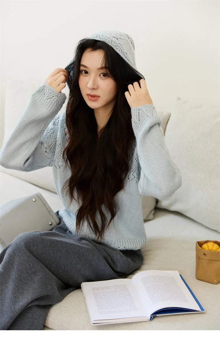 MISHOW Yellow Hollow Out Cardigan Women 2025 Autumn Winter New Hooded Zipper Sweater Loose Casual Bottoming Tops MXE46Z2584