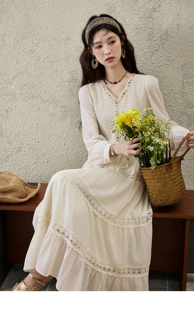 MISHOW Apricot Vacation Dress for Women Spring 100 Cotton Splicing Lace Retro Dress V-neck Waist Slim Long Dresses MXE16L2168