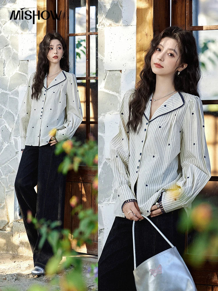 MISHOW Striped Bubble Sleeve Shirt for Women 2025 Spring French Retro Love Embroidered Top 100 Cotton V-neck Shirts MXE12C0390