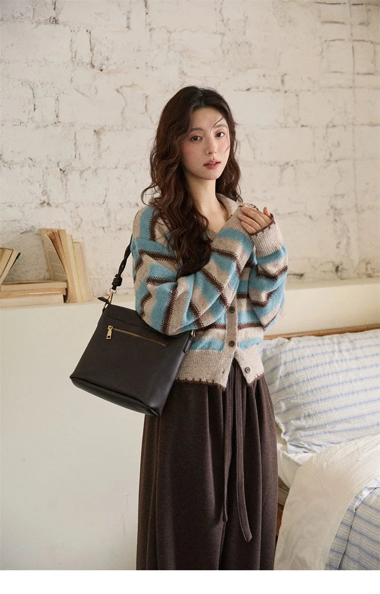 MISHOW Striped Cardigan for Women 2025 Winter Retro Unique Design V-neck Single-breasted Sweater Wool Long Sleeve Top MXE87Z2681