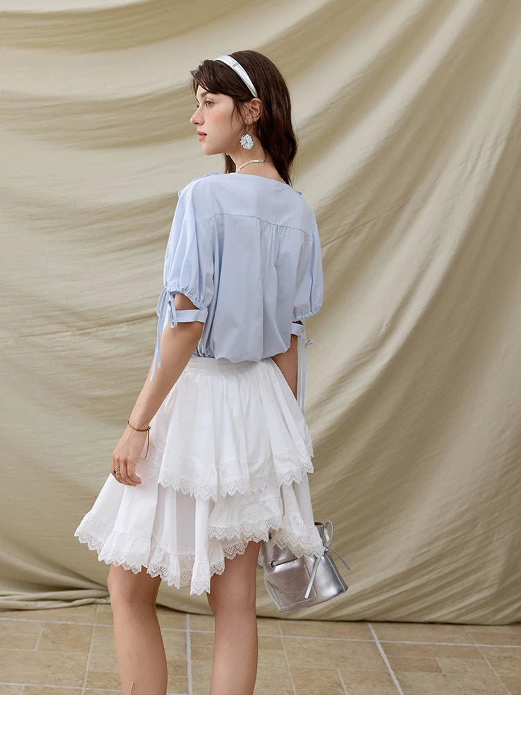 MISHOW French New Shirts Women Summer 2025 Solid Short Sleeve V-neck Embroidered Loose Blouses Female Loose Versatile MXE31X1774