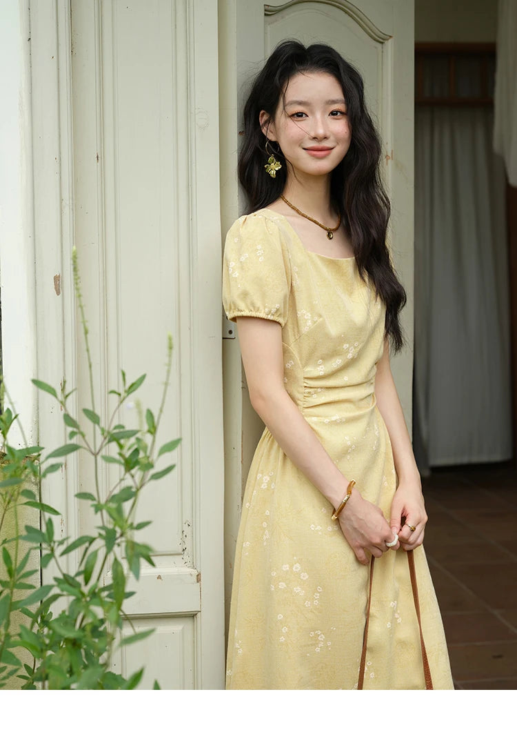 MISHOW Women's Clothing Fashion Square Neck Puff Sleeve Dress Summer 2025 New Bamboo Leaf Jacquard Pattern Dresses MXE39L2415