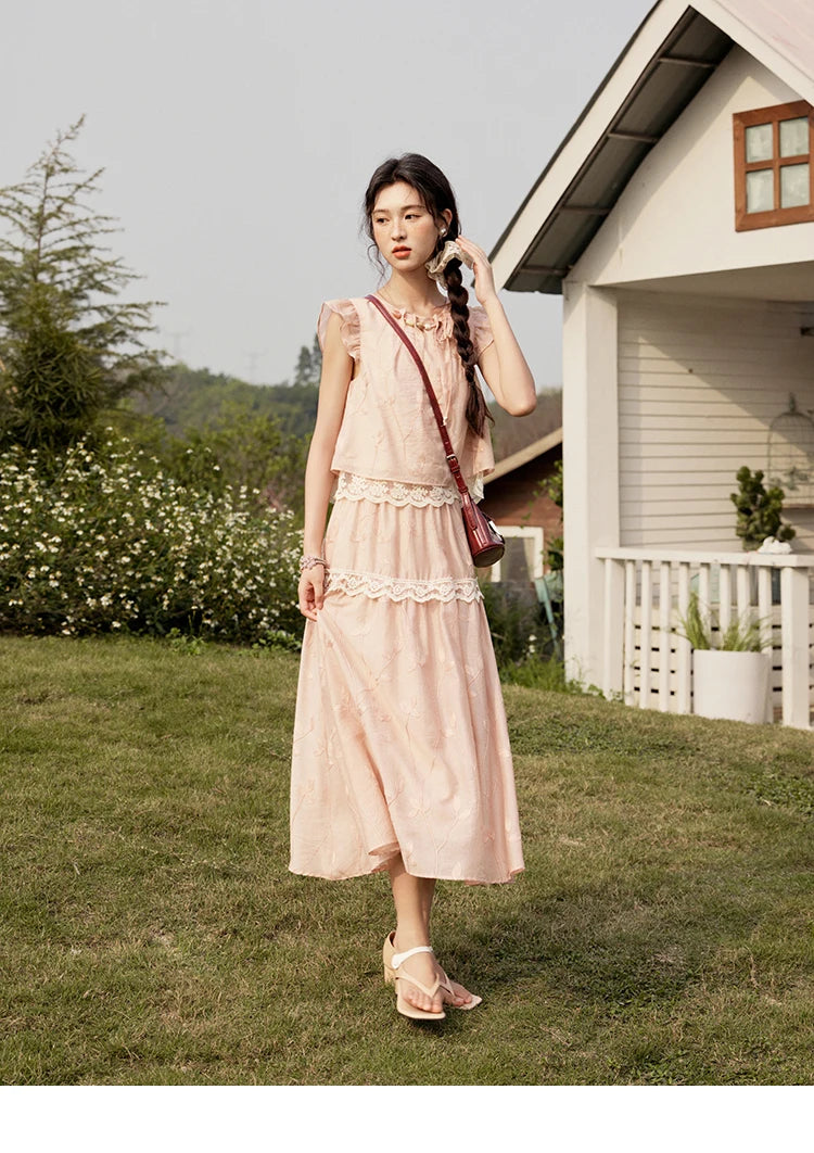 MISHOW Sweet Summer Skirt Sets Women New 2025 Short Flying Sleeve Round Neck Tops Hollow Embroidery A-line Skirt Lady MXE33T0545